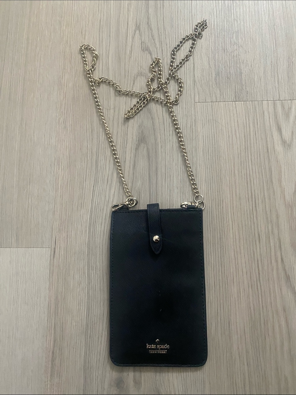 kate spade Black Leather Crossbody Phone Pouch with Gold Chain